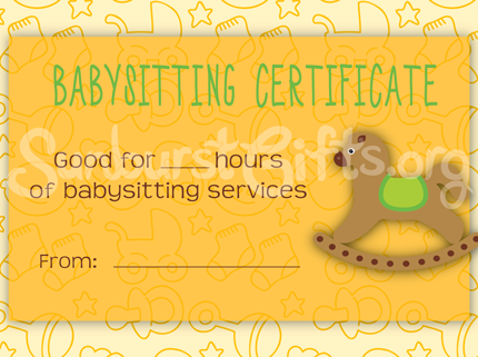 Sunburst Gifts Babysitting Gift Certificate Yellow Sample