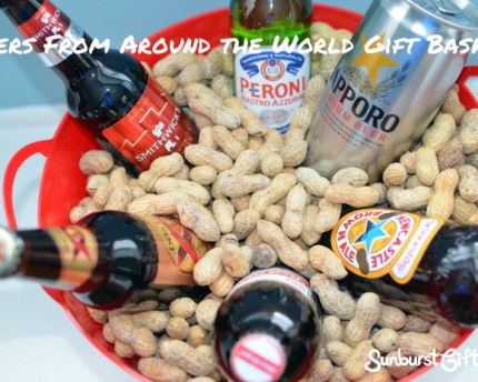 imported beers in plastic tub filled with whole in shell roasted peanuts